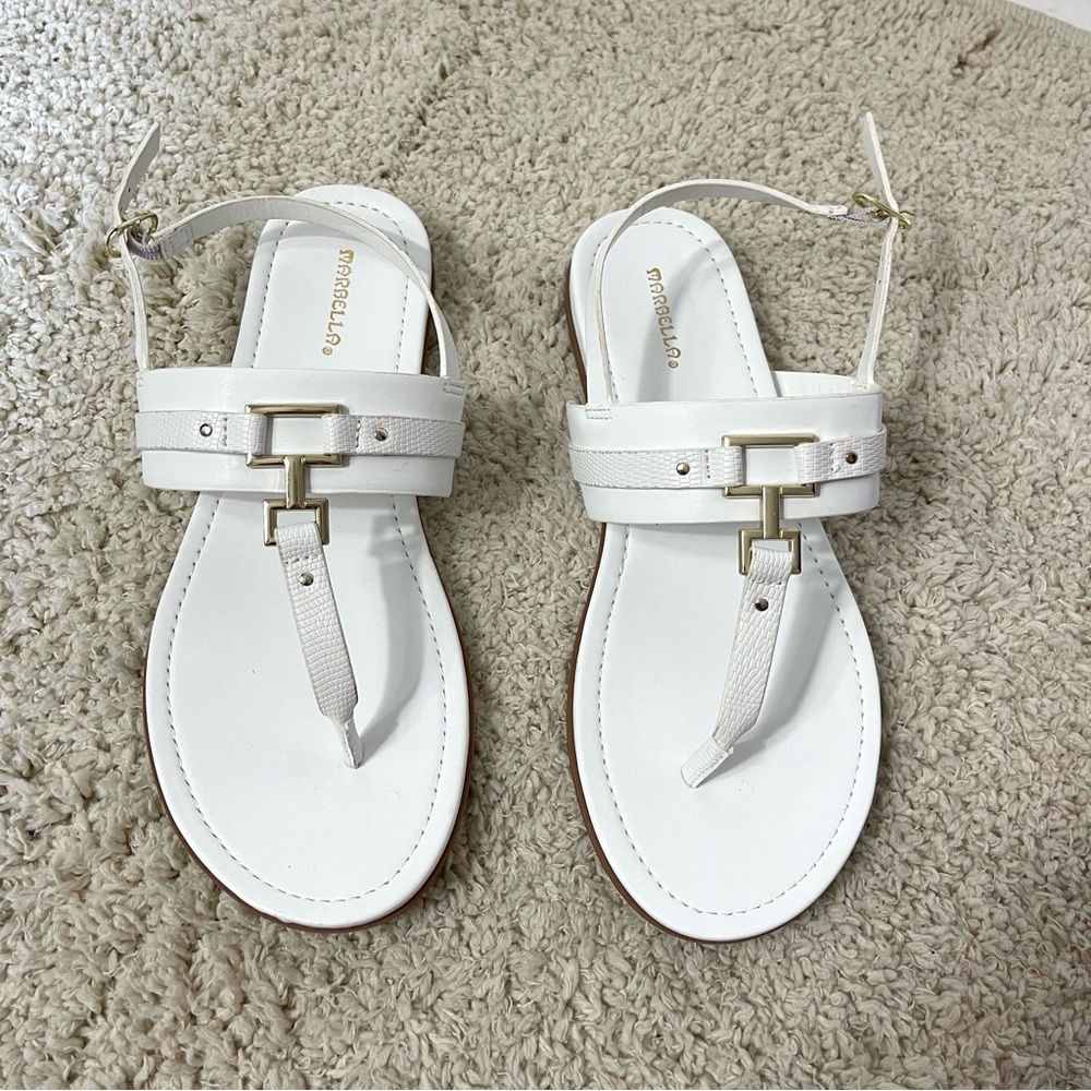 Marbella White T-Strap Sandals with Metallic Detail